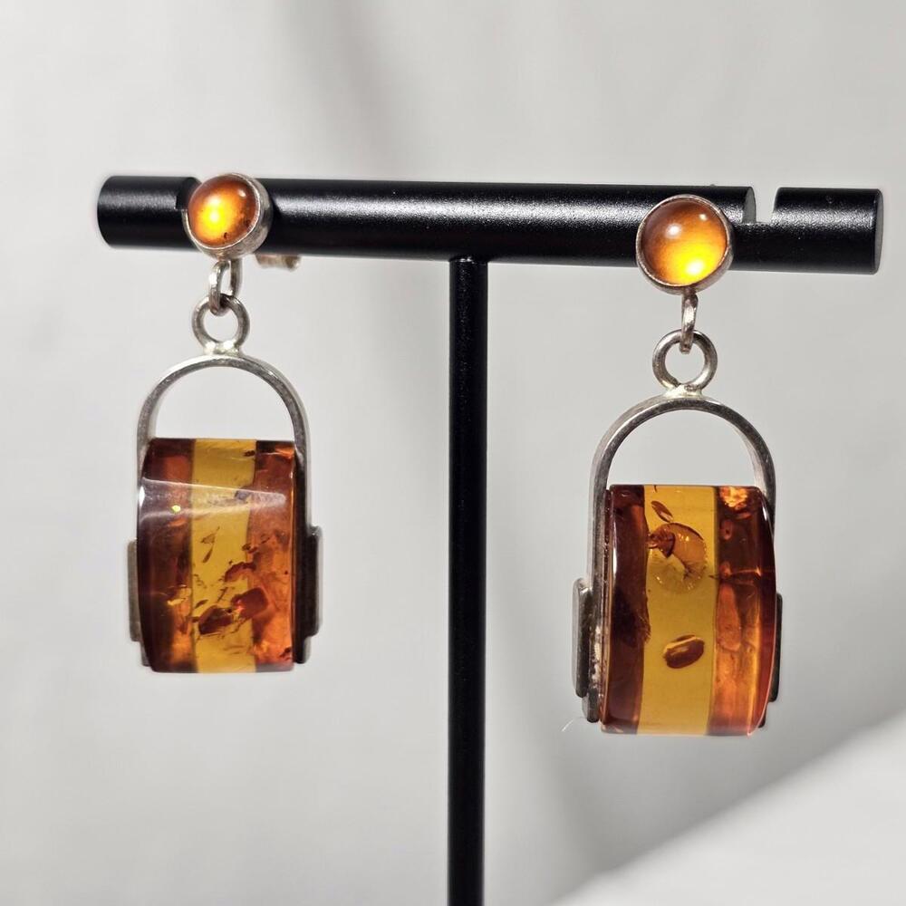 Vintage Sterling Silver Genuine Amber Stone Tube Bar Jar Dangling Stud Earrings - Picture 2 of 10